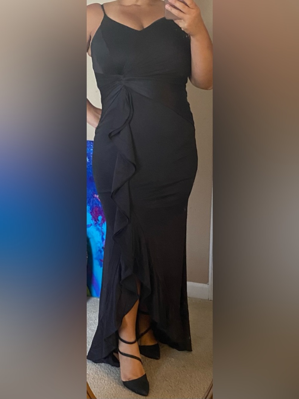 Elegant Black Maxi Dress with Front Ruffle Detail